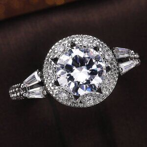 Statement CZ Flower 925 Silver Plated Vintage Wedding Ring for Women, L064